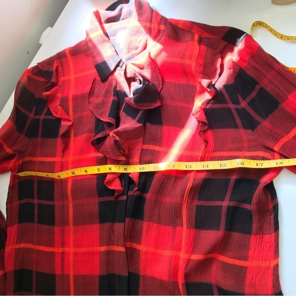 KATE SPADE Women's Red Plaid Ruffle Long Sleeve Silk Blouse Size 4 - Picture 10 of 15